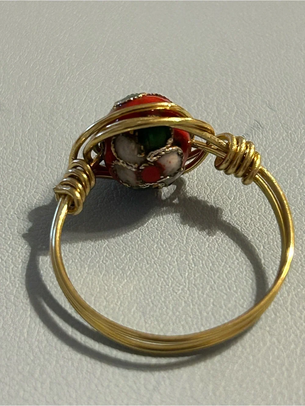 Gold-Tone Wire Ring  with cloisonné Red, Green & White Bead Accent size 9.5